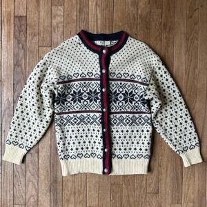 LL Bean‎ Vintage Nordic Fair Isle Wool Sweater M Cream Multi Knit Button Front